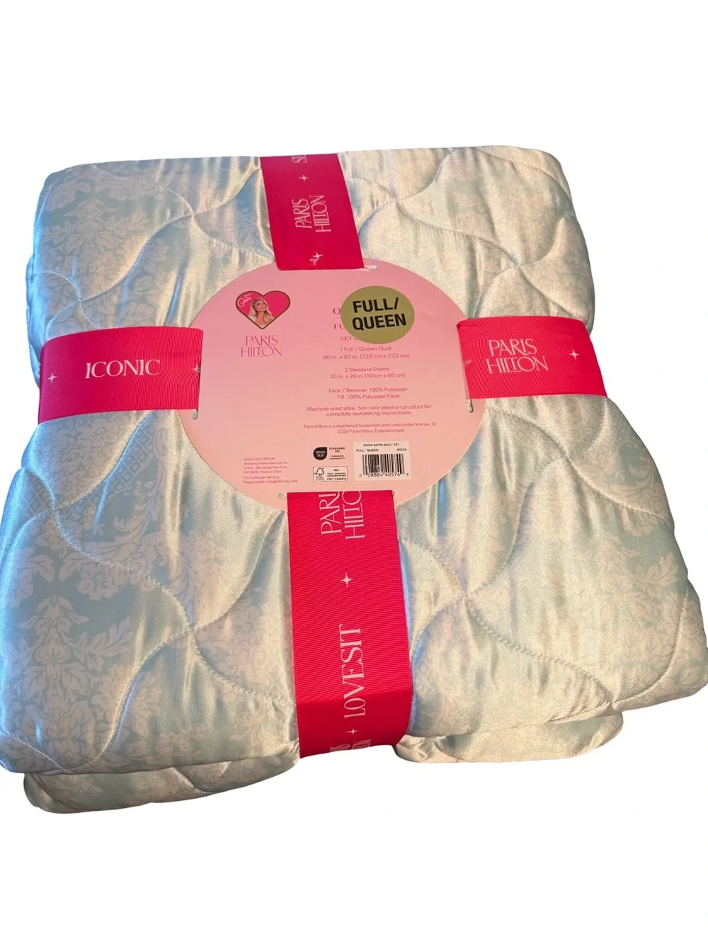 Paris Hilton NWT Sleep Chic Blue & White Satin Floral Full/Queen Quilt Set